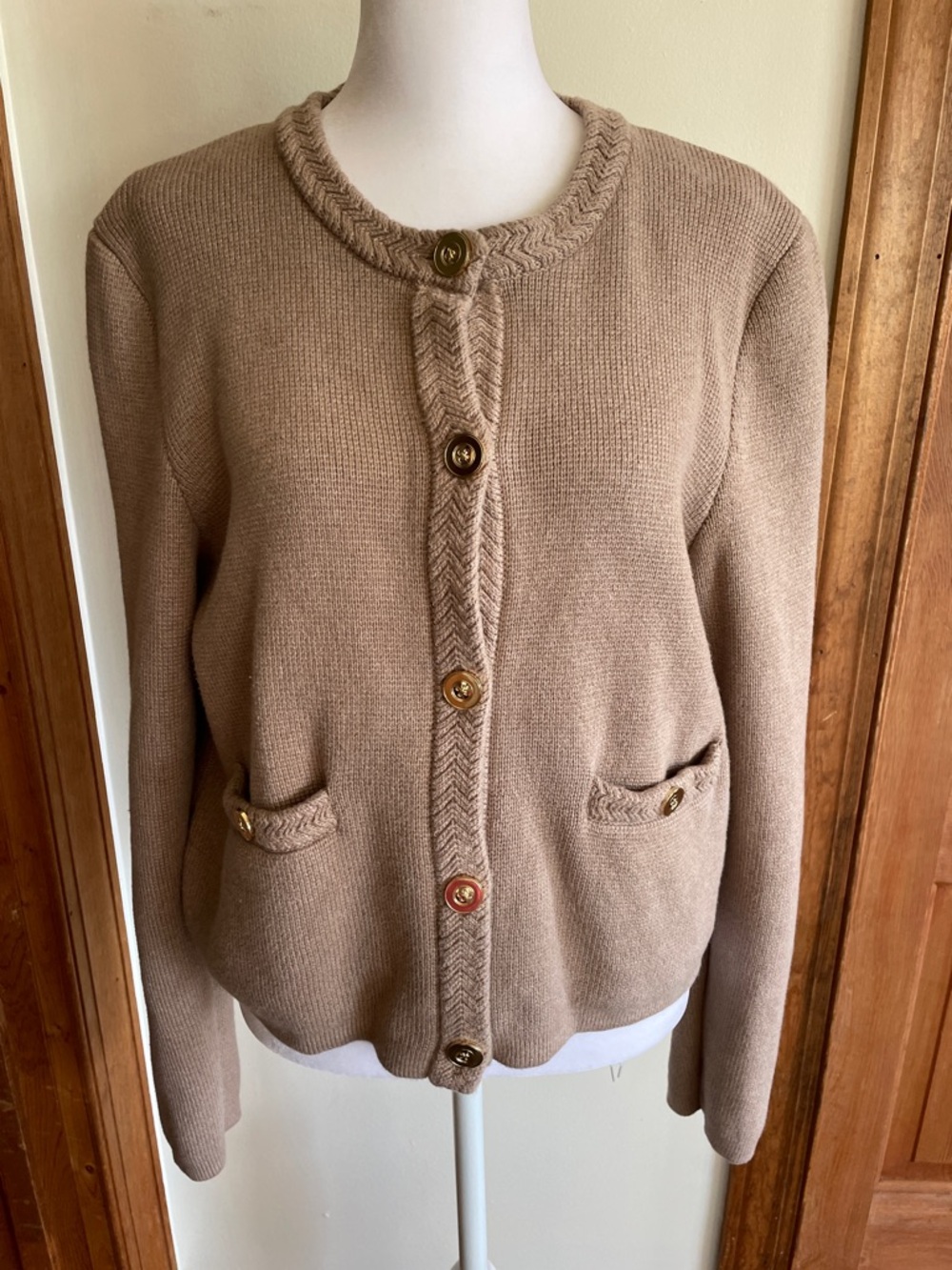 J. CREW Taupe Cotton Knit Button Braided Neck & Front Placket Cardigan M